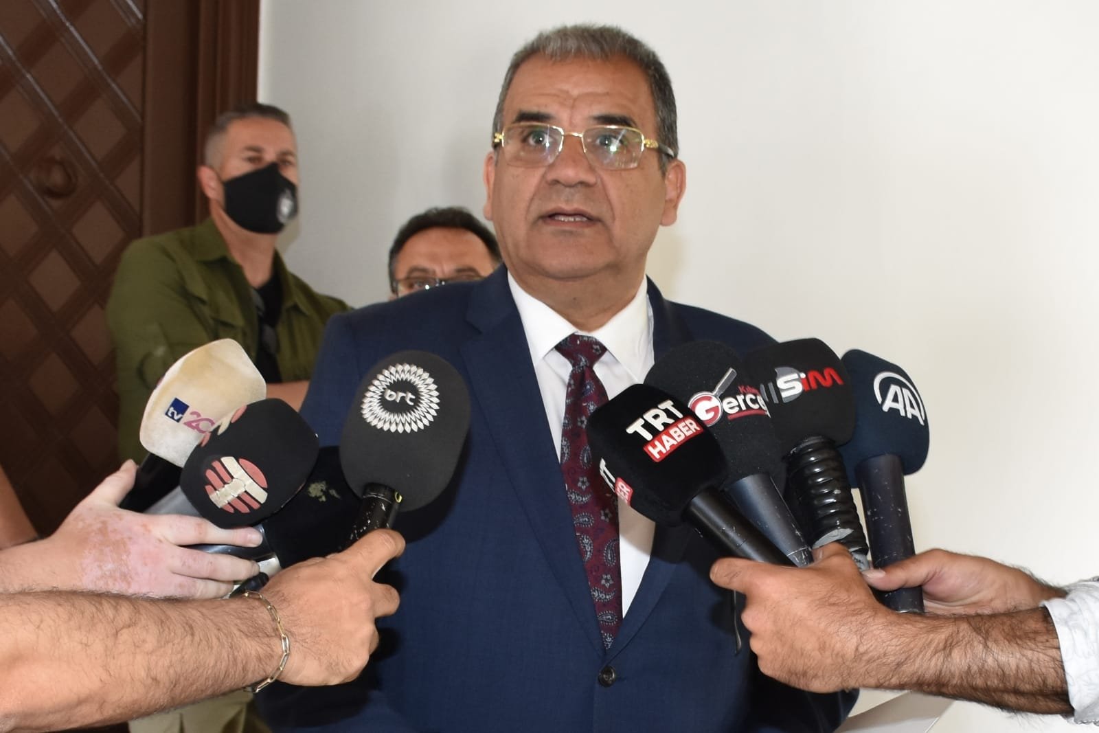 UBP Chairperson Faiz Sucuoğlu speaks to reporters after forming government in Lefkoşa, TRNC, April 25, 2022. (AA Photo)