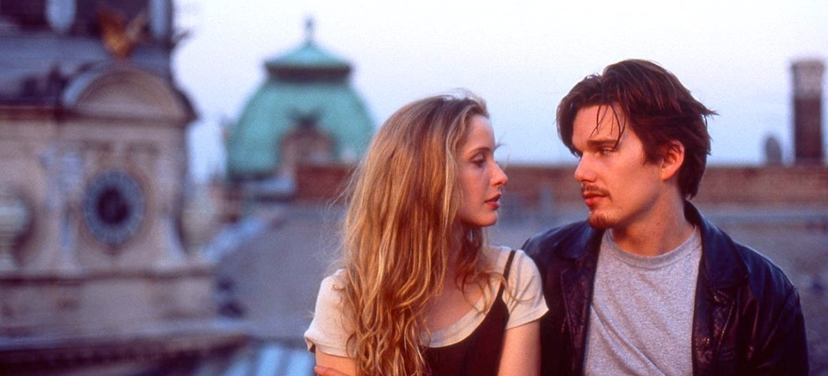 A still shot from 'Before Sunset' shows Julie Delpy and Ethan Hawke and the Wiener Staatsoper in the background. 