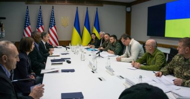 In this image provided by the Department of Defense, Secretary of Defense Lloyd Austin (3L), and Secretary of State Antony Blinken (4L), meet with Ukrainian Foreign Minister Dmytro Kuleba (3R) and Ukrainian President Volodymyr Zelensky (4R), in Kyiv, Ukraine, April 24, 2022. (Photo by U.S. Department of Defense / AFP)