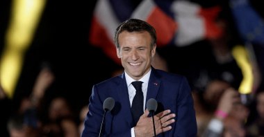 French President Emmanuel Macron gestures during his victory rally at the Champs de Mars, Paris, France, April 24, 2022. (Reuters Photo)
