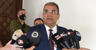 UBP Chairperson Faiz Sucuoğlu speaks to reporters after forming government in Lefkoşa, TRNC, April 25, 2022. (AA Photo)