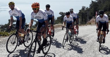 A group of cyclists takes part in a promotional tour for the Santini Queens of the Aegean Boostrace, March 26, 2022, Marmaris, Turkey. (Photo courtesy Boostrace)