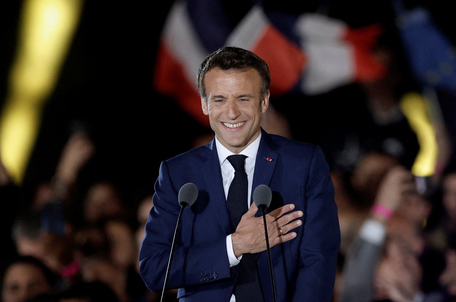 French President Emmanuel Macron gestures during his victory rally at the Champs de Mars, Paris, France, April 24, 2022. (Reuters Photo)