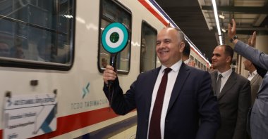 TCDD Transportation General Manager Hasan Pezük bids farewell to the train operating on the Istanbul-Sofia route in Istanbul, Turkey, April 26, 2022. (AA Photo)