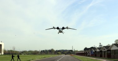 A Jackal UAV is seen in the air in Gebze, Kocaeli, Turkey, April 26, 2022. (AA Photo)