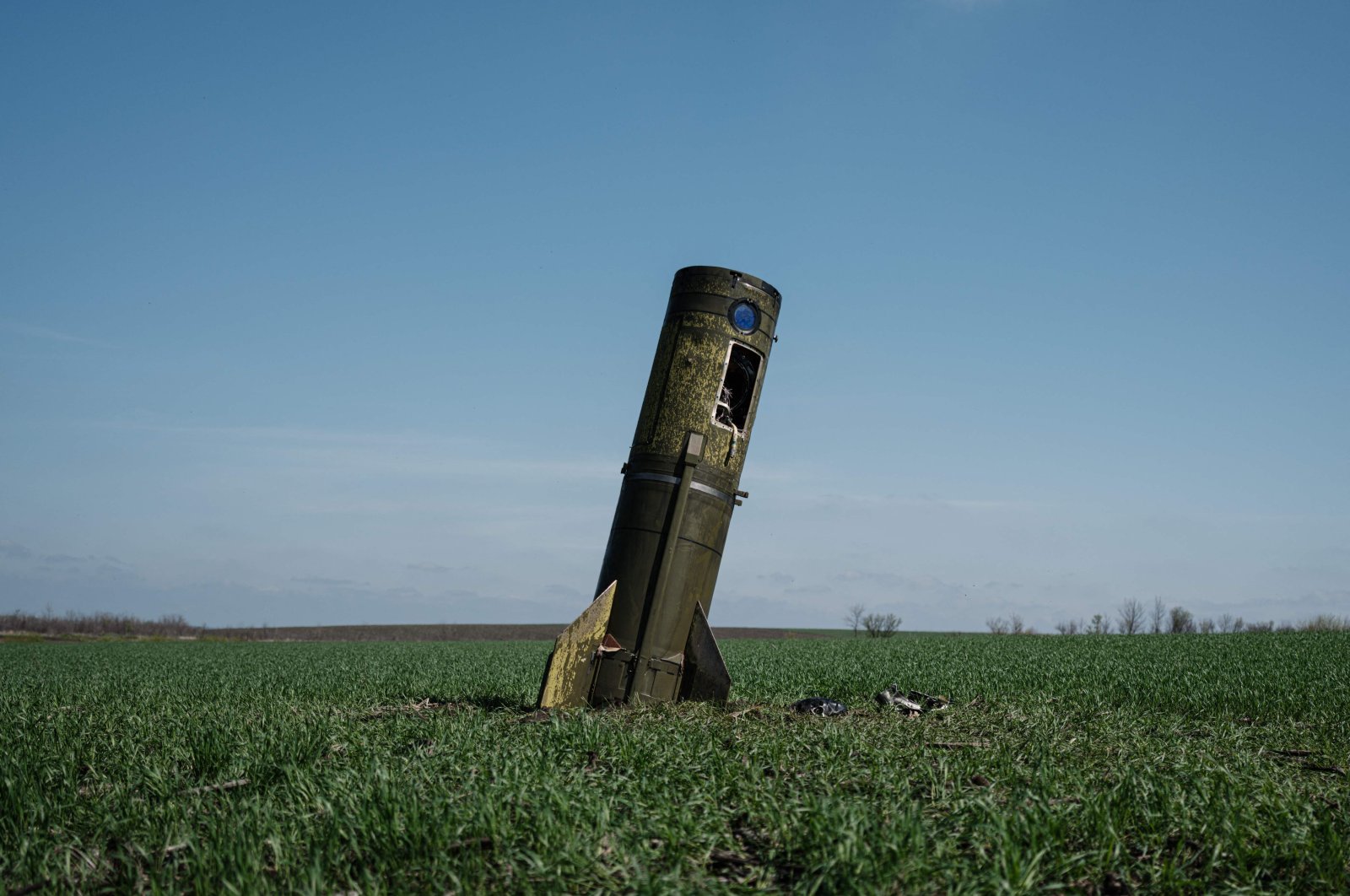 A Russian ballistic missile&#039;s booster stage that fell in a field in Bohodarove, eastern Ukraine, amid the Russian invasion of Ukraine, April 25, 2022. (AFP Photo)