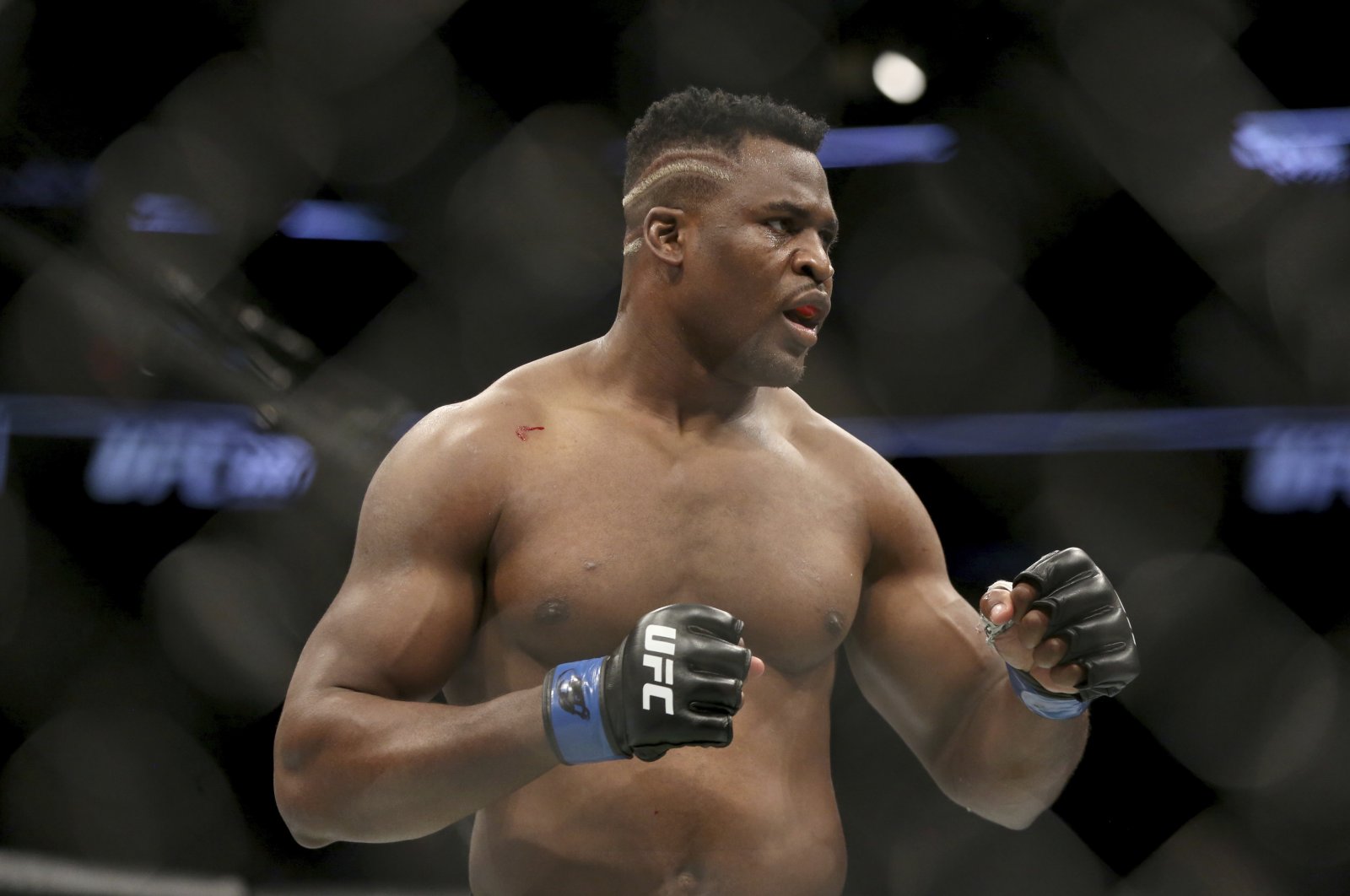 Francis Ngannou in action during a heavyweight championship MMA bout against Stipe Miocic at UFC 220, Boston, U.S., Jan. 21, 2018. (AP Photo)