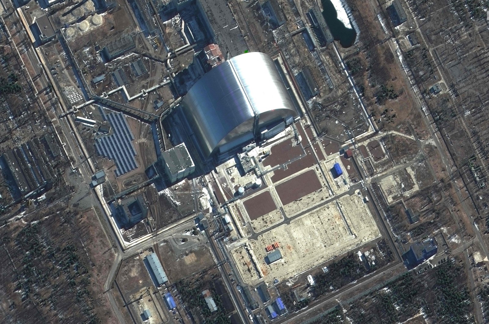 This file photo shows a Maxar satellite image taken and released on March 10, 2022 of an overview of the Chernobyl Nuclear Power Plant in Pripyat, Ukraine. (AFP Photo/Satellite image ©2022 Maxar Technologies)