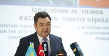 Darkhan Kydyrali, the president of the International Turkic Academy in Kazakhstan, speaks at a panel organized by ANKASAM in Ankara, April 27, 2022. (AA Photo)