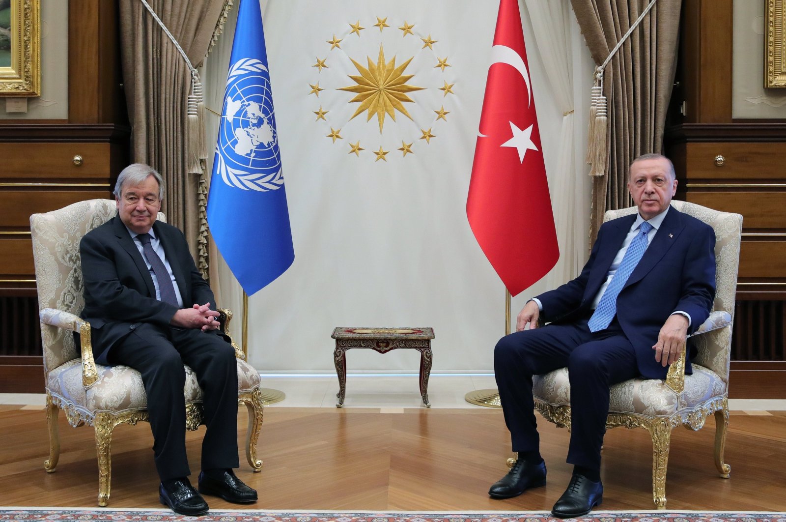 President Recep Tayyip Erdoğan receives U.N. Secretary-General Antonio Guterres in the capital Ankara, Turkey, April 25, 2022. (DHA)