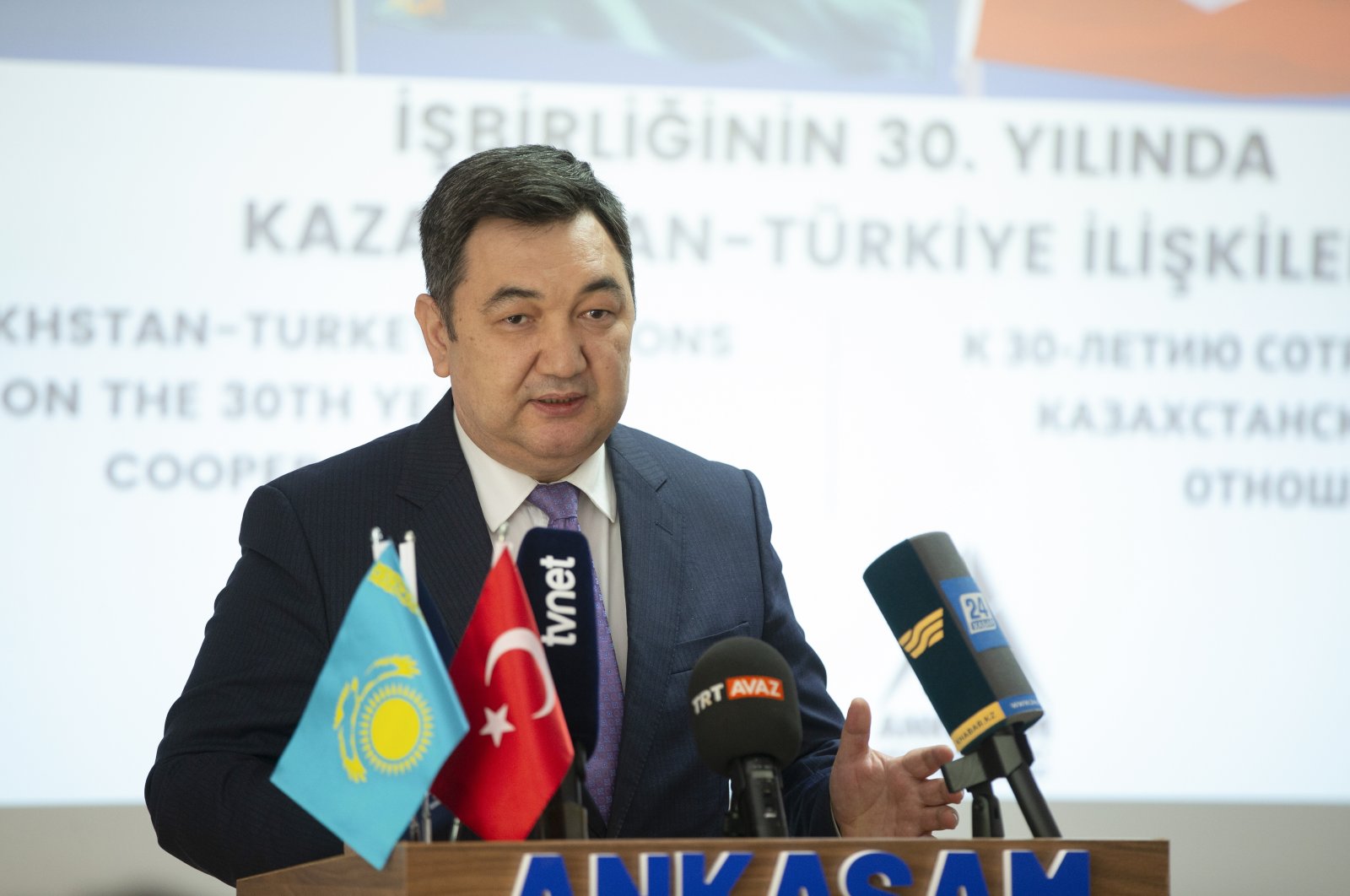 Darkhan Kydyrali, the president of the International Turkic Academy in Kazakhstan, speaks at a panel organized by ANKASAM in Ankara, April 27, 2022. (AA Photo)