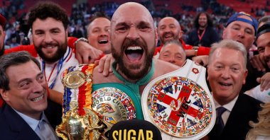 Tyson Fury celebrates after winning his fight against Dillian Whyte, London, England, April 23, 2022. (Reuters Photo)