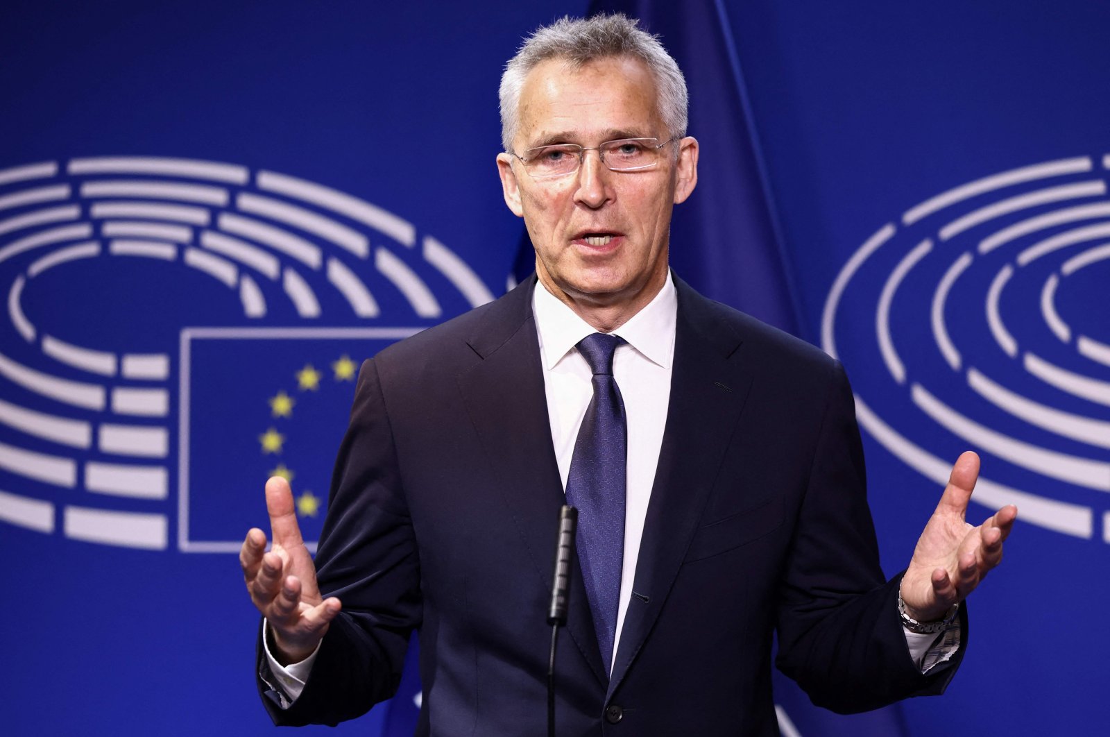 NATO Secretary General Jens Stoltenberg holds a press conference along with the European Parliament president at the European Parliament in Brussels, April 28, 2022. (AFP Photo)