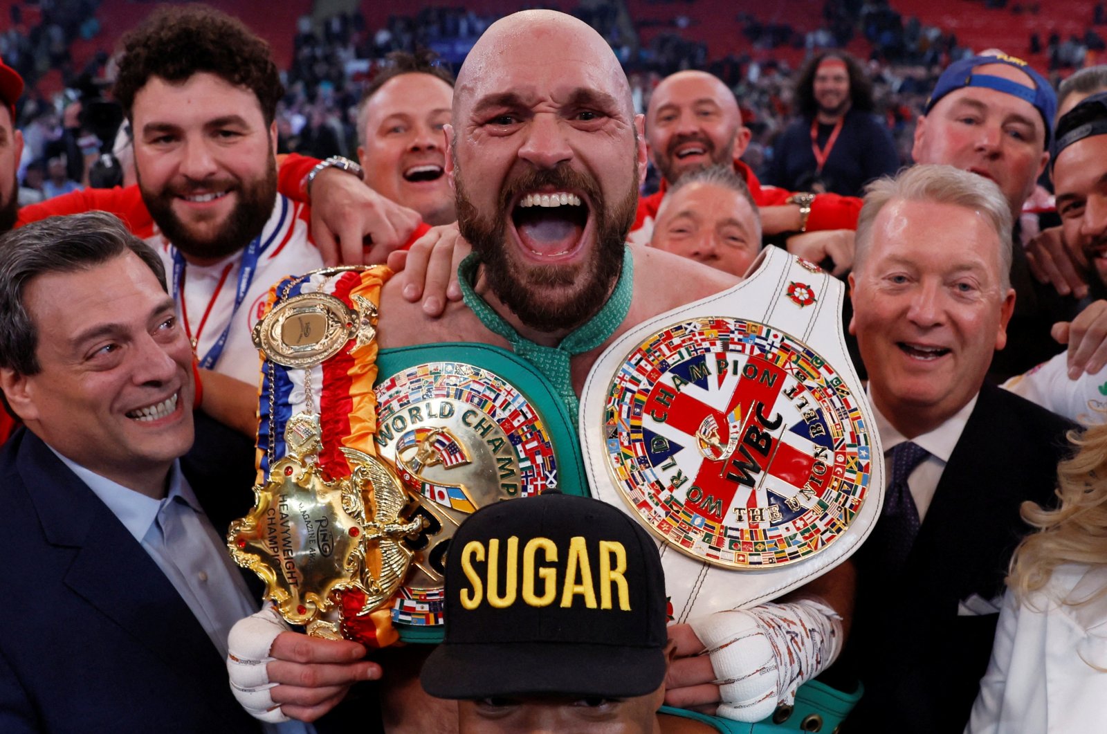 Tyson Fury celebrates after winning his fight against Dillian Whyte, London, England, April 23, 2022. (Reuters Photo)