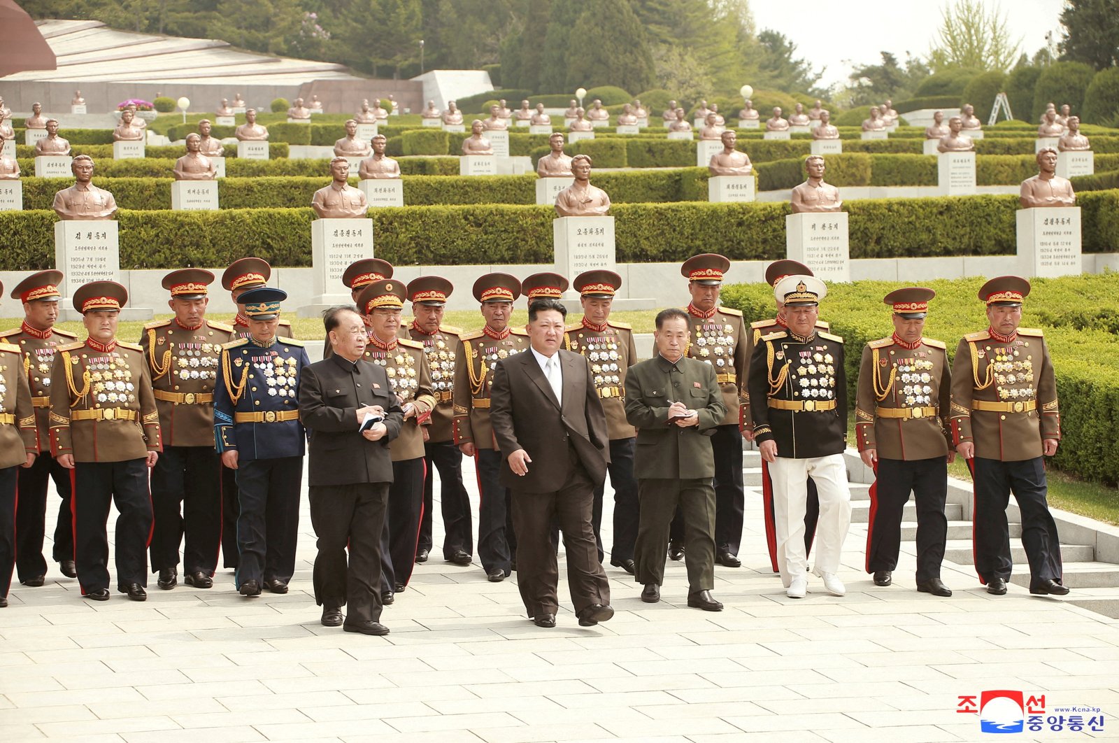 North Korean leader Kim Jong Un walks during a visit to the Revolutionary Martyrs Cemetery on Mount Daesong to mark the 90th anniversary of the founding of the Korean People&#039;s Revolutionary Army in Pyongyang, North Korea, in this undated photo released by North Korea&#039;s Korean Central News Agency (KCNA) on April 26, 2022. (Reuters Photo)
