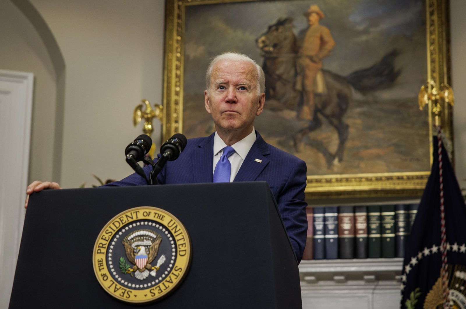 U.S. President Joe Biden speaks in the Roosevelt Room of the White House in Washington, D.C., April 28, 2022. (EPA Photo)