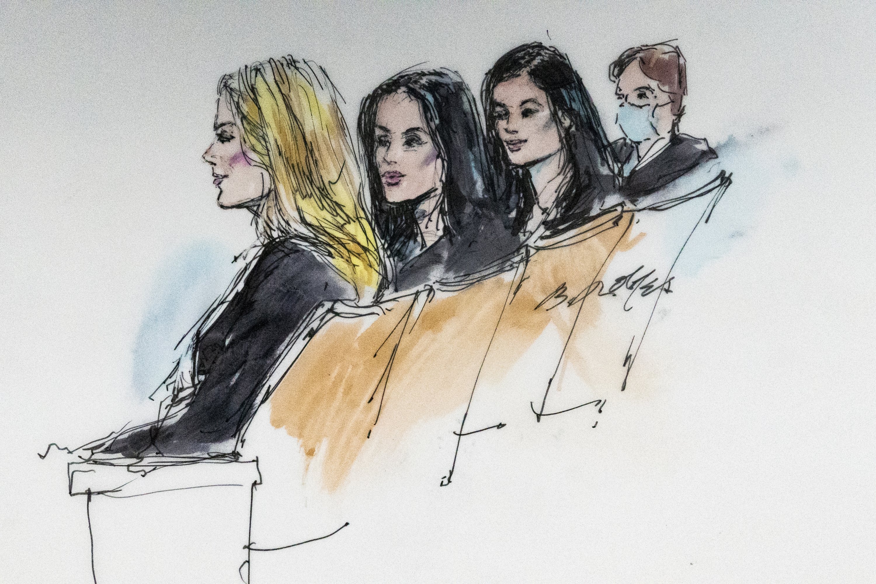 Dans ce croquis d'artiste de la salle d'audience, Khloe Kardashian, (de L), Kim Kardashian, Kylie Jenner et Kris Jenner siègent au tribunal de Los Angeles, États-Unis, le 19 avril 2022. (Photo AP)