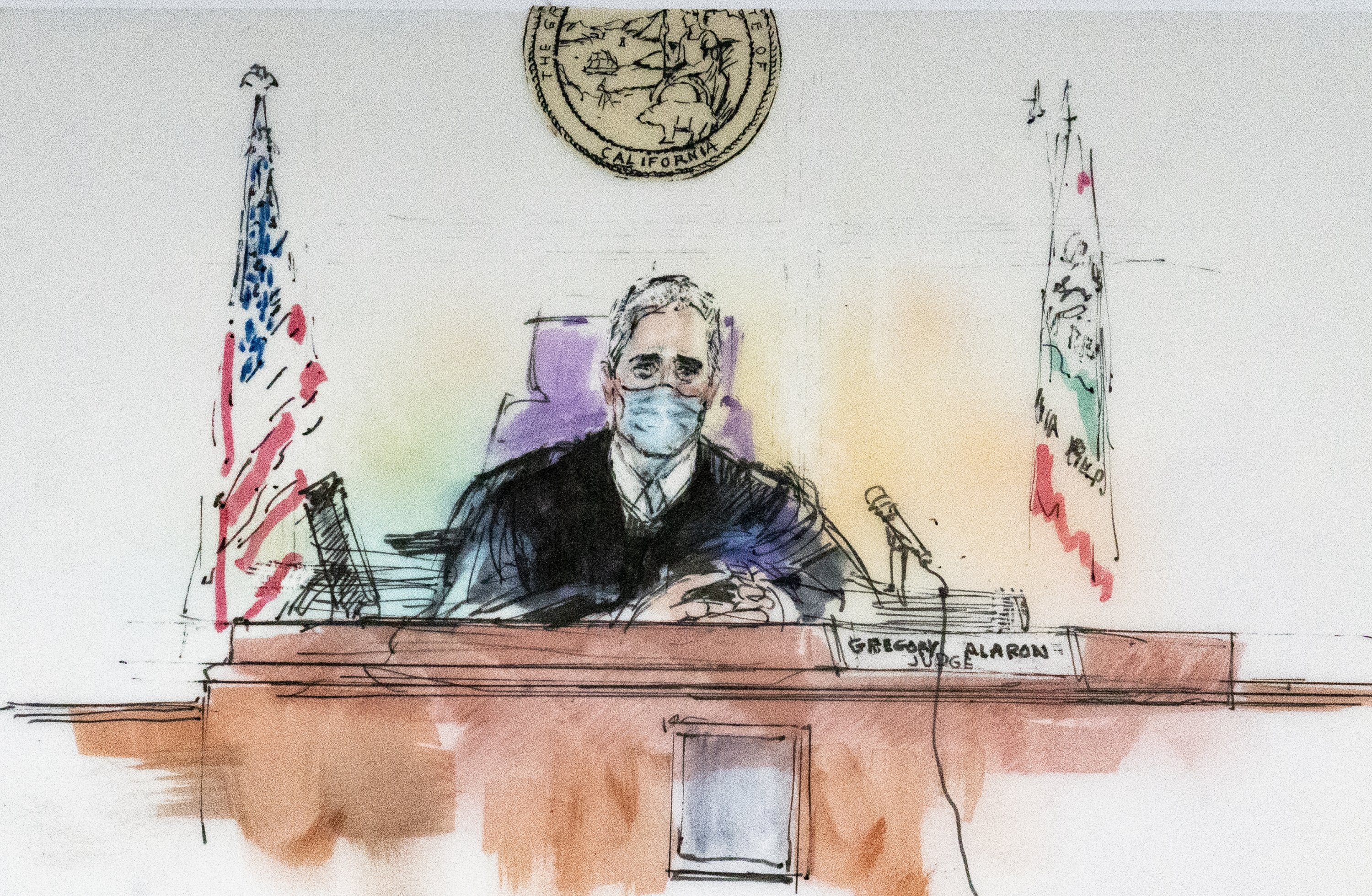 Dalam sketsa seniman ruang sidang ini, Hakim Pengadilan Tinggi Los Angeles Gregory W. Alaron duduk di pengadilan di Los Angeles, AS, 19 April 2022. (AP Photo)