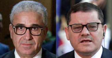 This combination of pictures created on March 22, 2022, shows a photo taken on Dec. 21, 2021, of Libya's presidential candidate and former Interior Minister Fathi Bashagha in Benghazi and another one dated June 1, 2021, of Libyan Interim Prime Minister Abdul Hamid Dbeibah, addressing the media at the Elysee presidential palace in Paris, France, after a meeting with the French president. (AFP Photo)