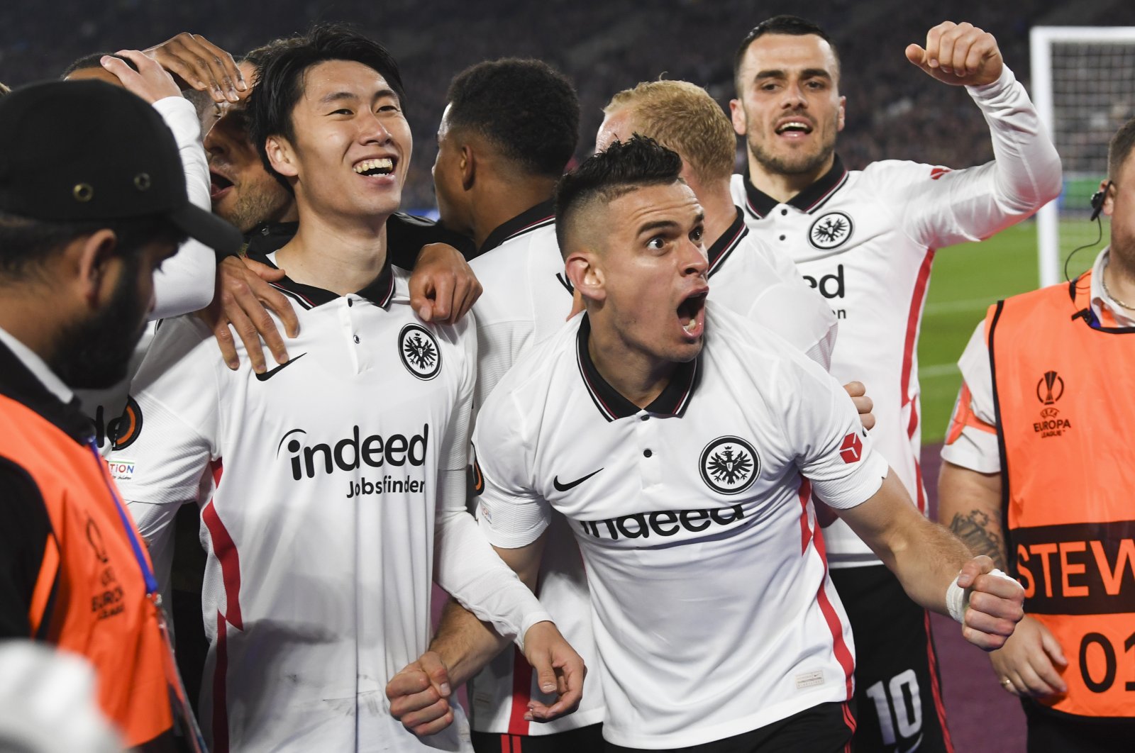 Eintracht Frankfurt players celebrate winning their Europa League semifinal, first-leg match against West Ham, London, England, April 28, 2022. (EPA Photo)