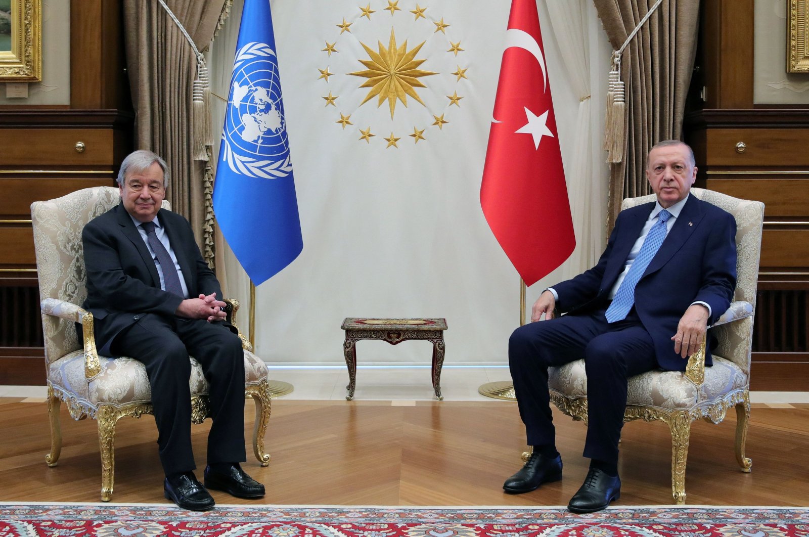 President Recep Tayyip Erdoğan meets with the U.N. Secretary-General Antonio Guterres in Ankara, Turkey, April 25, 2022. (Reuters Photo)