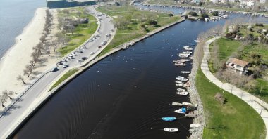 An aerial view of polluted Menekşe creek, in Küçükçekmece, Istanbul, Turkey, April 14, 2022. (İHA PHOTO)