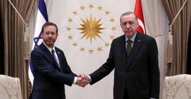President Recep Tayyip Erdoğan shakes hands with Israel's President Isaac Herzog during an official ceremony at the Presidential Complex in the capital Ankara, Turkey, March 9, 2022. (AFP Photo)