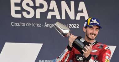 Ducati Italian rider Francesco Bagnaia celebrates on the podium after winning the MotoGP race of the Spanish Grand Prix at the Jerez racetrack, Jerez de la Frontera, Spain, May 1, 2022. (AFP Photo)