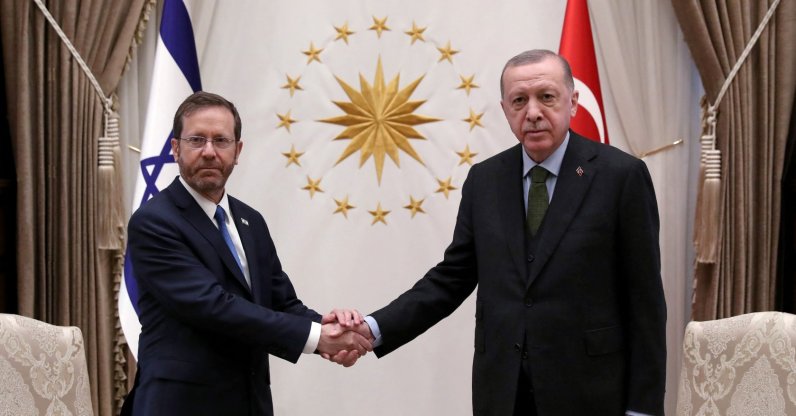 President Recep Tayyip Erdoğan shakes hands with Israel's President Isaac Herzog during an official ceremony at the Presidential Complex in the capital Ankara, Turkey, March 9, 2022. (AFP Photo)