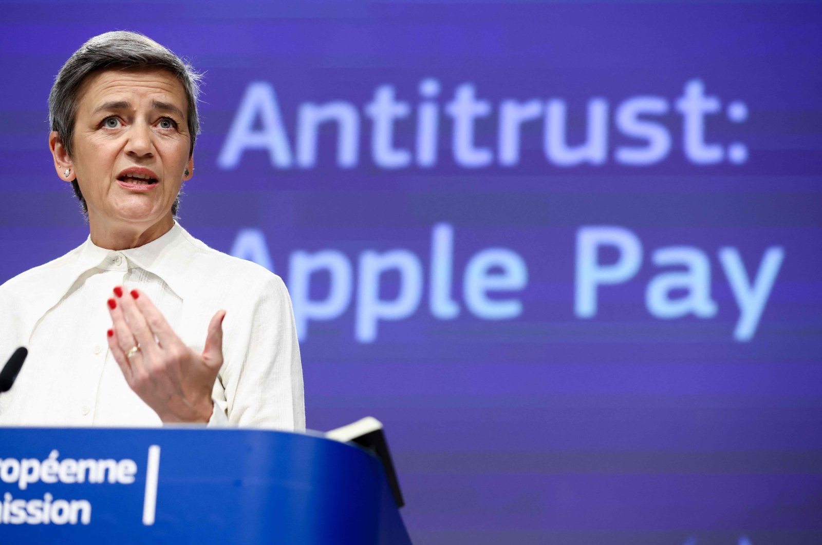 European Commission Vice-President Margrethe Vestager gives a press conference on EU objections sent to Apple over practices regarding Apple Pay, at the EU headquarters in Brussels, Belgium, May 2, 2022. (AFP Photo)