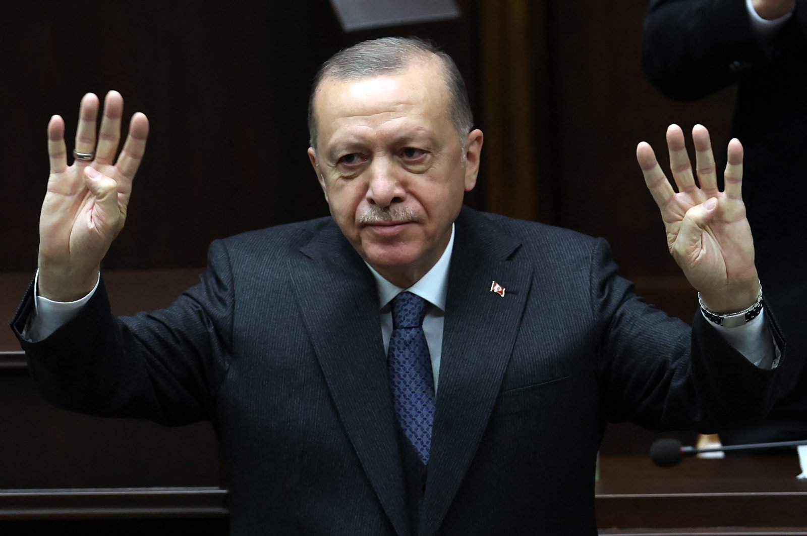 Turkish President Recep Tayyip Erdoğan gestures as he gives a speech during a party parliamentary group meeting at the Grand National Assembly of Turkey in Ankara, Turkey, April 20, 2022. (AFP Photo)