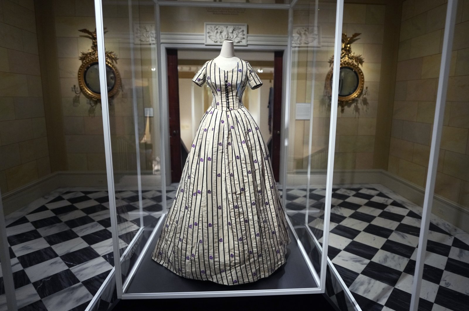 A dress worn by Mary Todd Lincoln is displayed as part of the Met Museum Costume Institute&#039;s exhibit &quot;In America: A Lexicon of Fashion&quot; during a press preview, New York, U.S., May 2, 2022. (AP Photo)