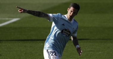 Celta Vigo's Santi Mina celebrates after a goal in a La Liga match against Real Madrid, Vigo, Spain, March 20, 2021. (AP Photo)