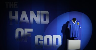 The shirt Diego Maradona wore during Argentina's 1986 World Cup match against England is seen at Sotheby's auction house, London, England, April 20, 2022. (AFP Photo)