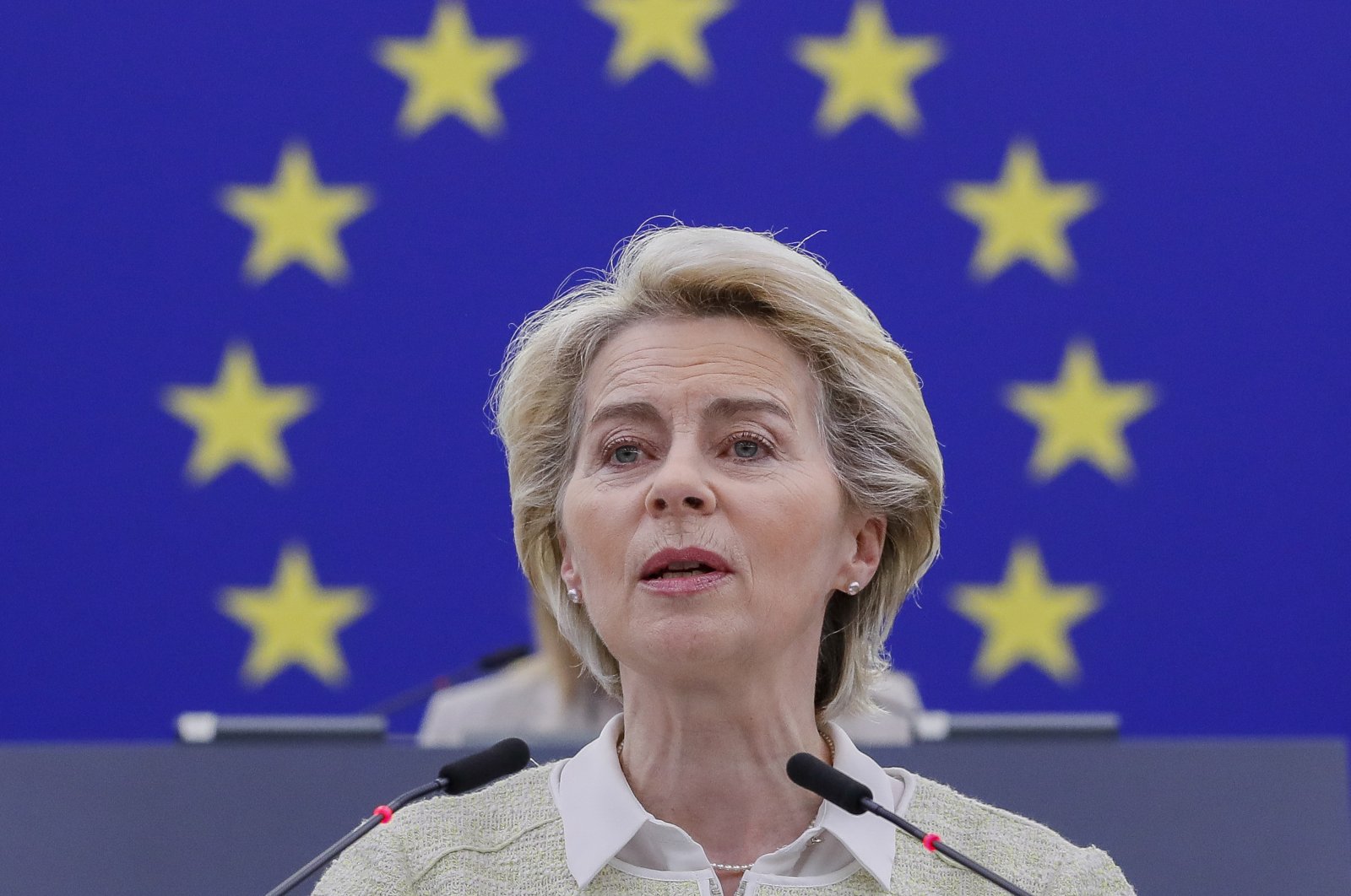 European Commission President Ursula von der Leyen delivers a speech on the social and economic consequences of the Russian invasion of Ukraine for the EU at the European Parliament in Strasbourg, France, May 4, 2022. (EPA Photo)