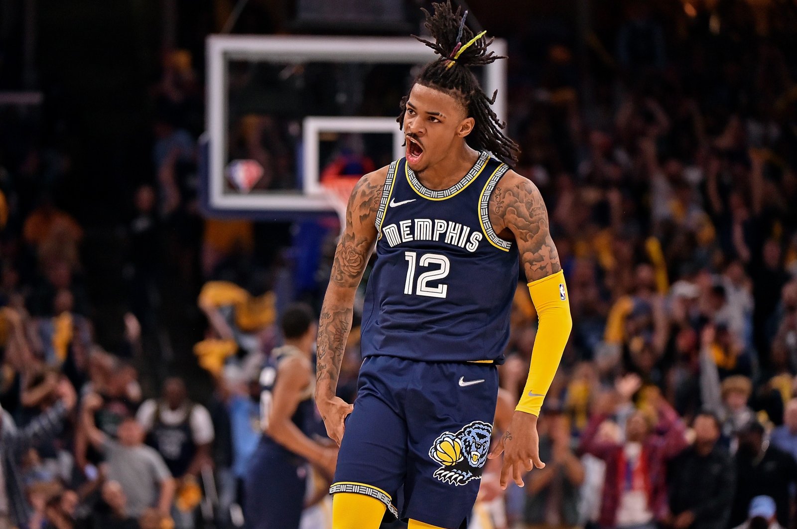 Grizzlies&#039; Ja Morant reacts during an NBA playoff game against the Warriors, Memphis, Tennessee, U.S., May 03, 2022. (AFP Photo)
