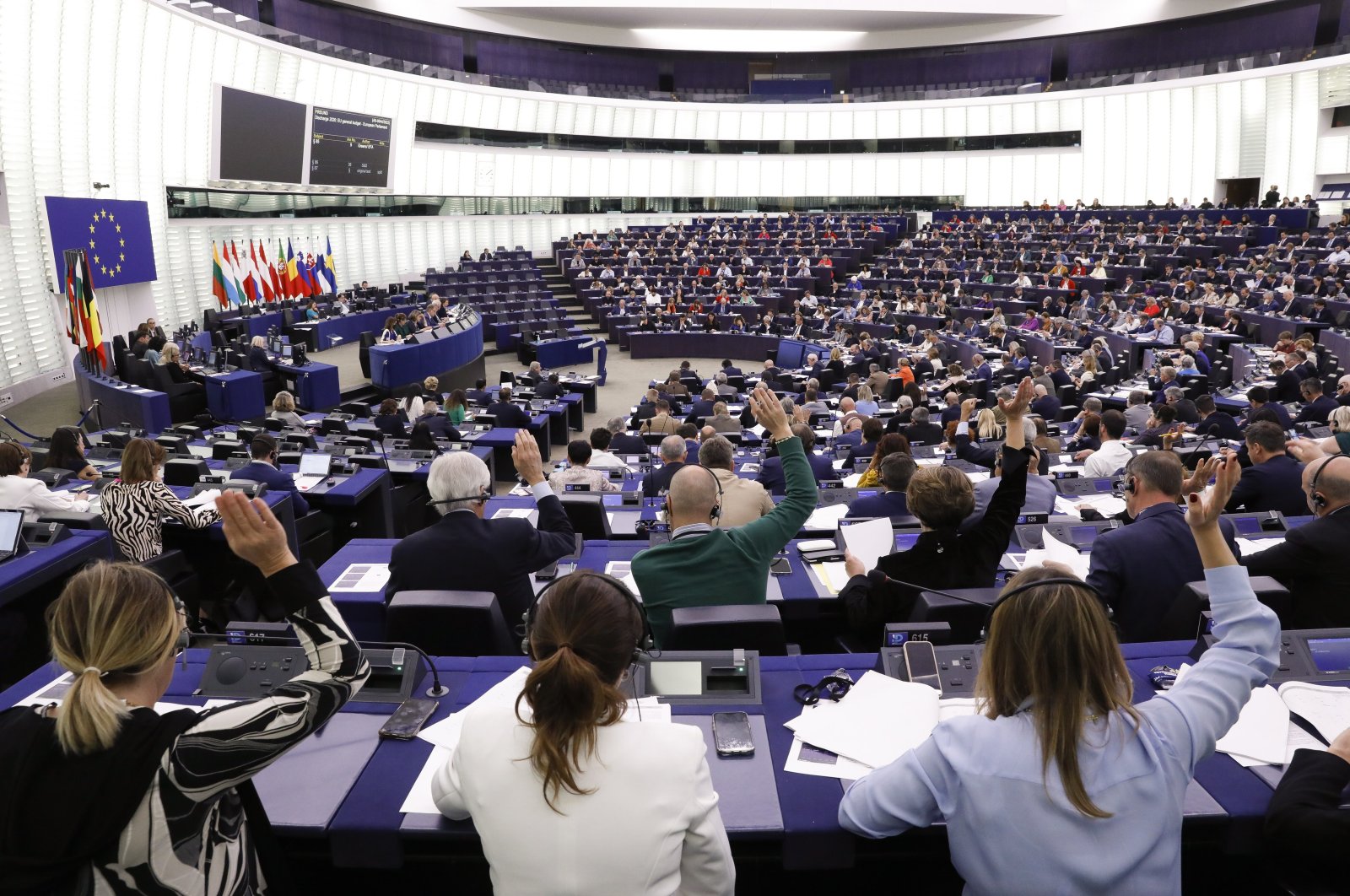 Members of European Parliament (MEPs) during a voting session of the European Parliament in Strasbourg, France, May 4, 2022.  (EPA Photo)