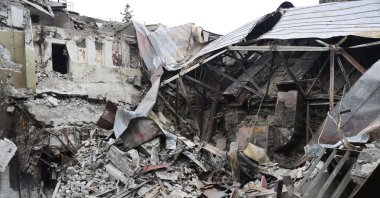 Rubble from the damaged Donetsk Academic Regional Drama Theatre sits after the March 16, 2022, bombing in Mariupol, Ukraine, in an area now controlled by Russian-backed separatist forces, on Monday, April 4, 2022. (AP File Photo)