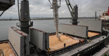Workers assist the loading of corn on to a ship at Pier 80 in the Black Sea port of Constanta, Romania, May 3, 2022. (AFP Photo)