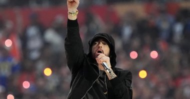 Eminem performs during halftime of the NFL Super Bowl 56 football game between the Los Angeles Rams and the Cincinnati Bengals, California, U.S., Feb. 13, 2022. (AP Photo)