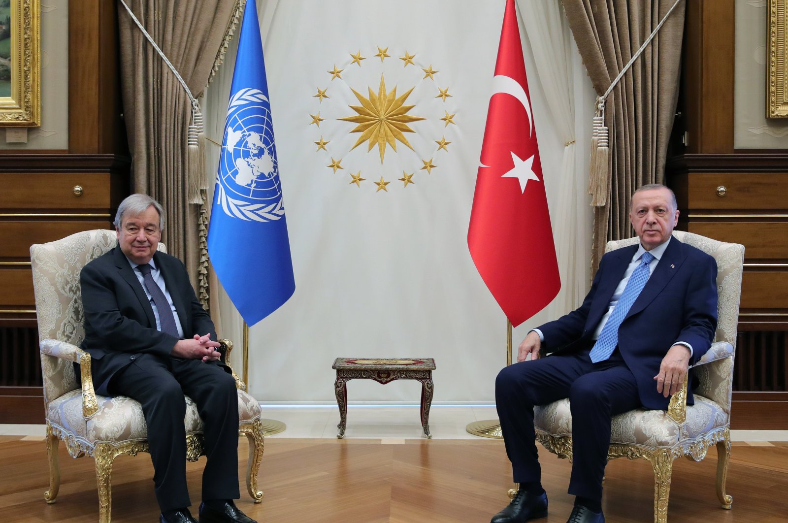 President Recep Tayyip Erdoğan and United Nations Secretary-General Antonio Guterres meet in the capital Ankara, Turkey, April 25, 2022. (EPA Photo)