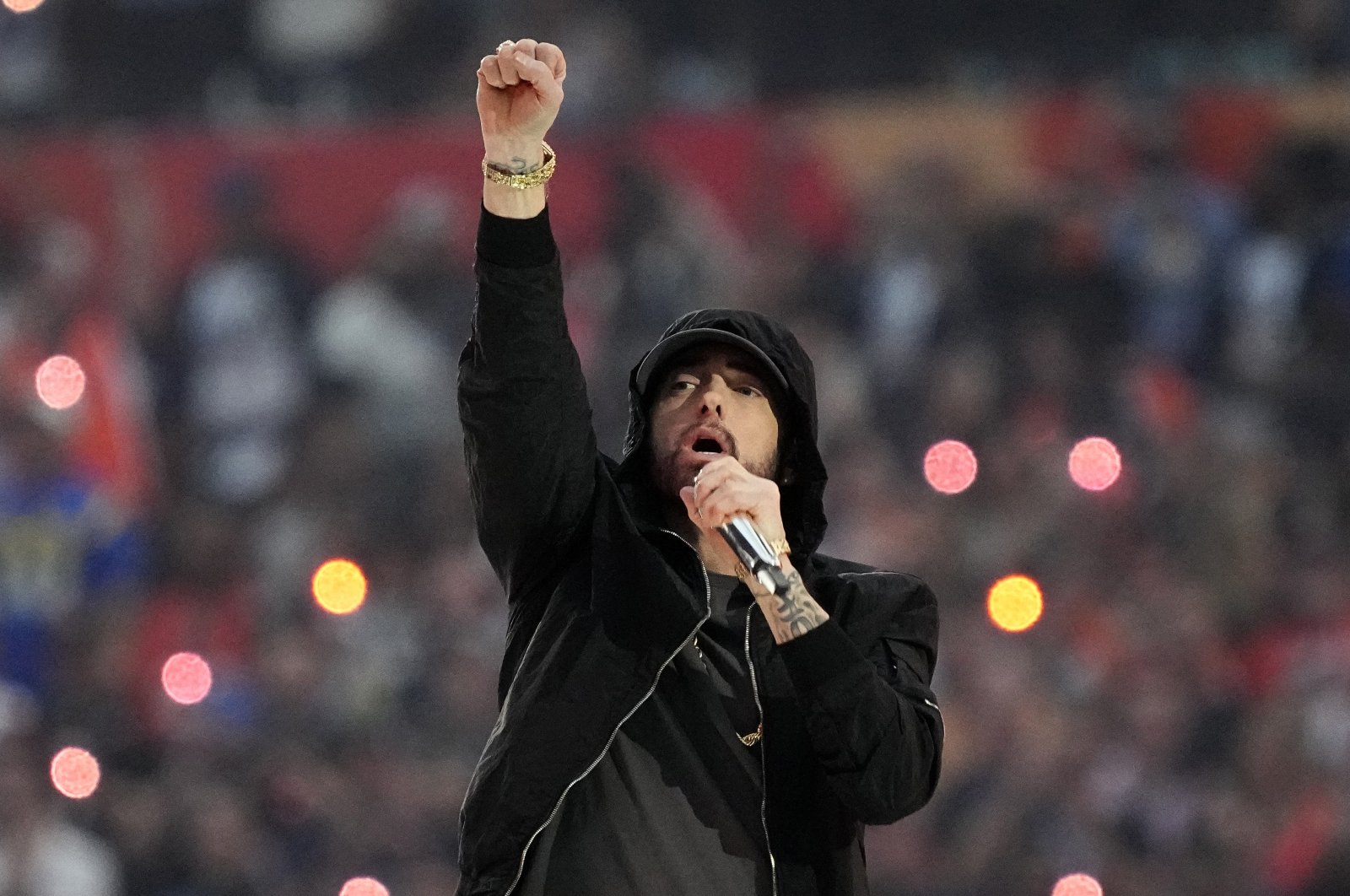 Eminem performs during halftime of the NFL Super Bowl 56 football game between the Los Angeles Rams and the Cincinnati Bengals, California, U.S., Feb. 13, 2022. (AP Photo)