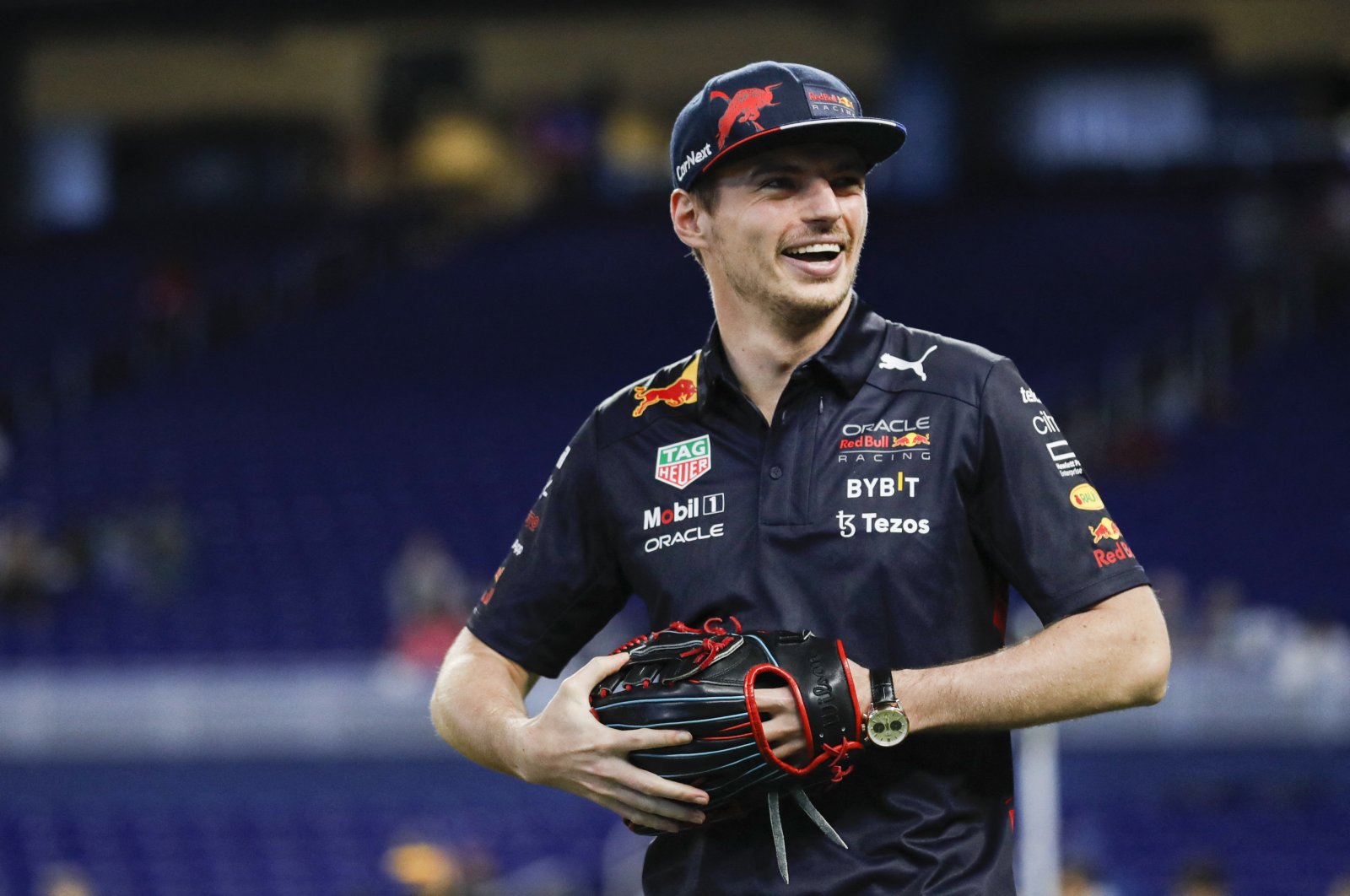 Red Bull&#039;s Max Verstappen reacts prior to an MLB game between the Marlins and the Diamondbacks, Miami, Florida, U.S., May 4, 2022. (Reuters Photo)