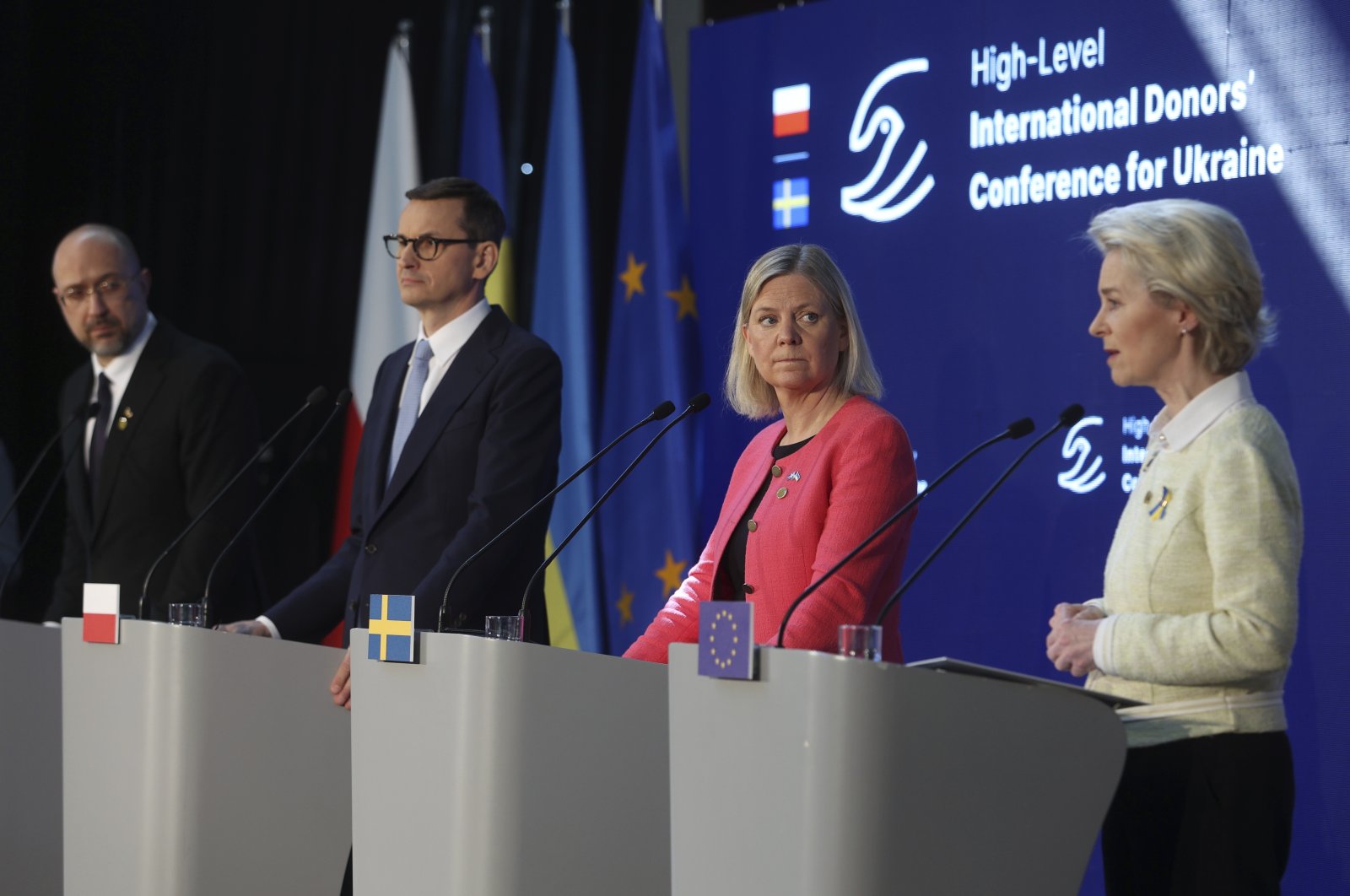 Ukrainian Prime Minister Denys Shmyhal, from left, Polish Prime Minister Mateusz Morawiecki, Swedish Prime Minister Magdalena Andersson and European Commission President Ursula von der Leyen attend a press conference after the High-Level International Donor&#039;s Conference for Ukraine at the National Stadium in Warsaw, Poland, Thursday, May 5, 2022. (AP Photo)