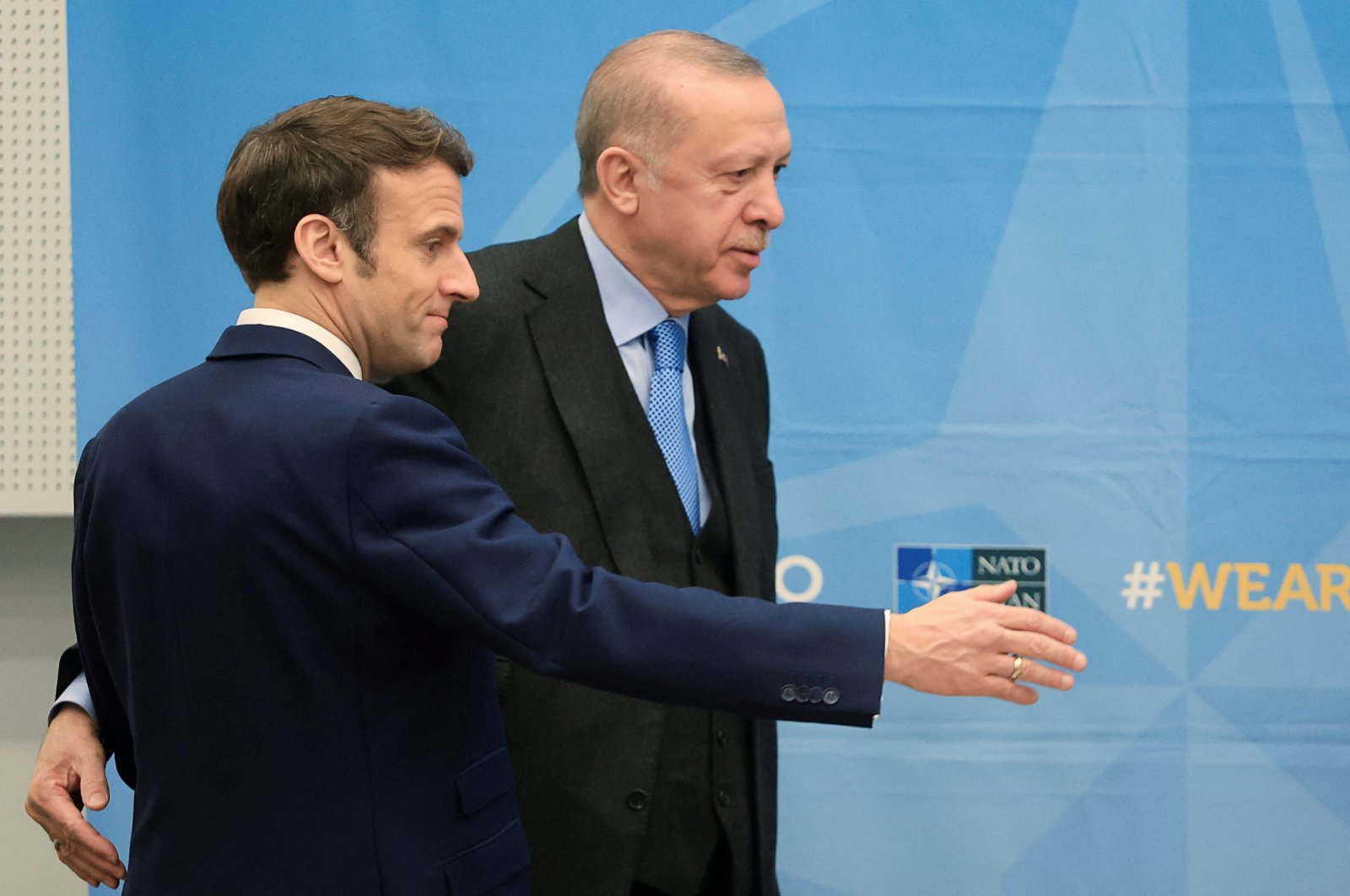 French President Emmanuel Macron (L) and President Recep Tayyip Erdoğan attend a bilateral meeting ahead of a NATO summit to discuss Russia&#039;s invasion of Ukraine, at the alliance&#039;s headquarters in Brussels, Belgium, March 24, 2022. (Reuters Photo)