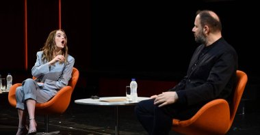 American actress Emma Stone and Greek director Yorgos Lanthimos give a press conference after the screening of his new black-and-white short film "Bleat" at the Greek National Opera in Athens, Greece, May 5, 2022. (AFP)