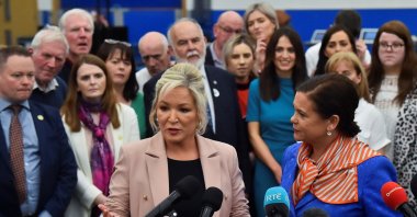 Sinn Fein deputy leader Michelle O'Neill speaks to the media next to party leader Mary Louise McDonald, at the Meadowbank Sports Arena count center, in Magherafelt, Northern Ireland, May 7, 2022. (Reuters Photo)