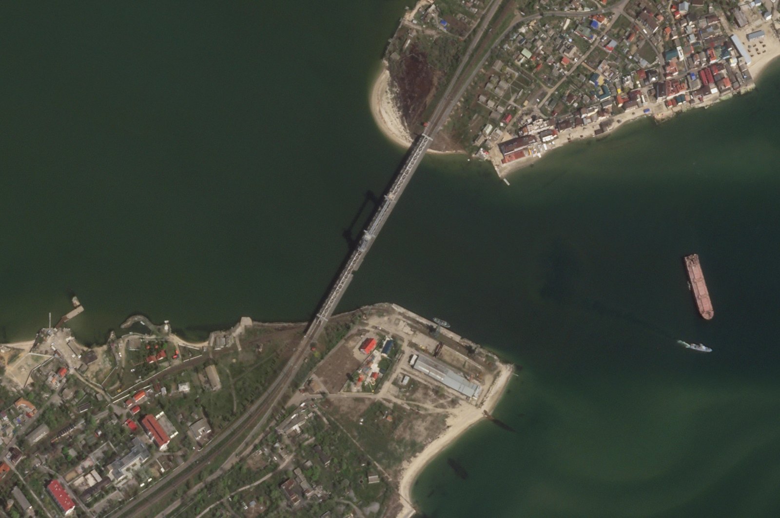 A satellite image shows a key bridge damaged by Russian missile attacks near Odessa, Ukraine, May 3, 2022. (AP Photo)