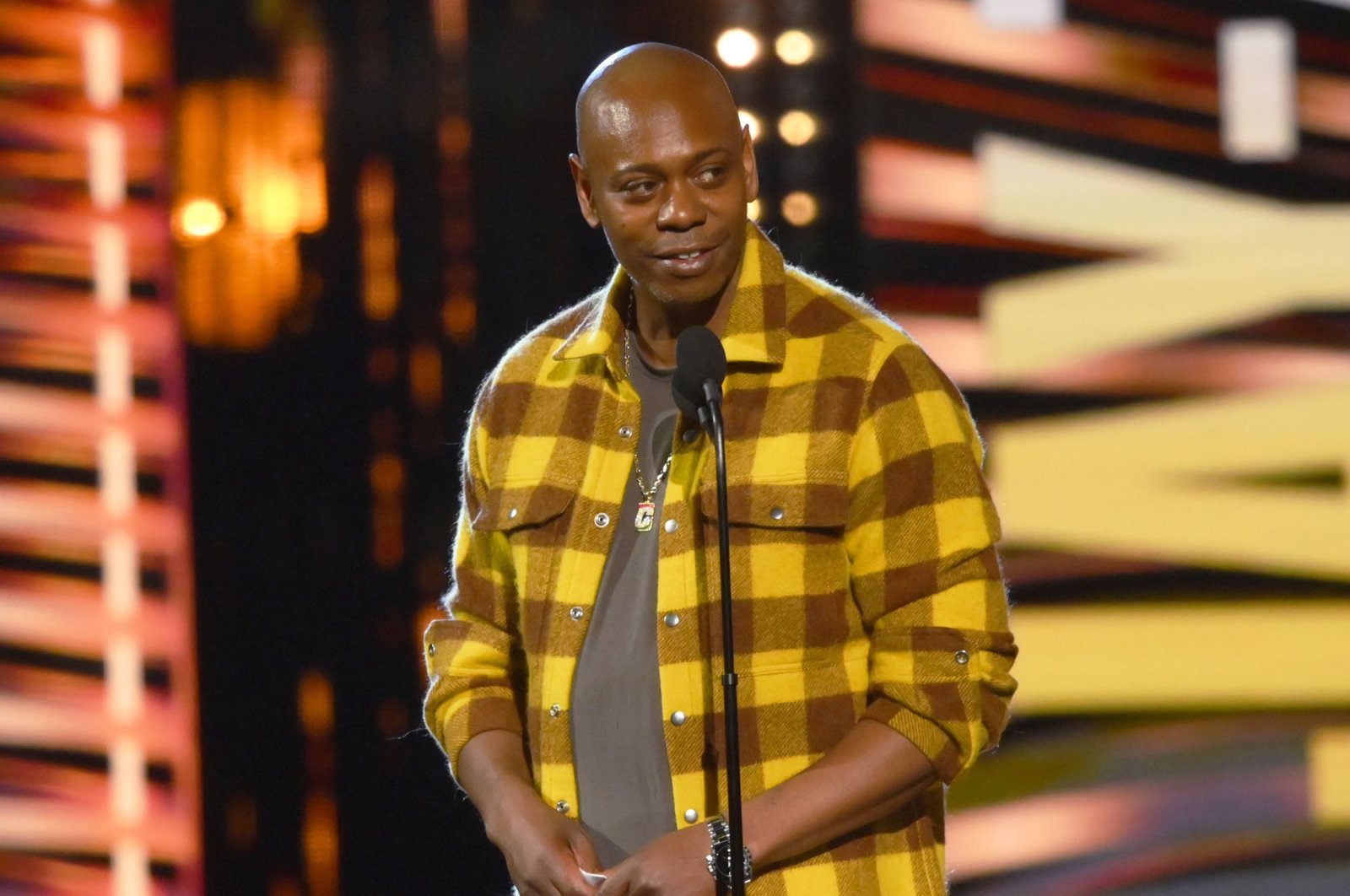 Comedian Dave Chappelle appears during the Rock &amp; Roll Hall of Fame induction ceremony, in Cleveland, U.S., Oct. 30, 2021. (AP Photo)