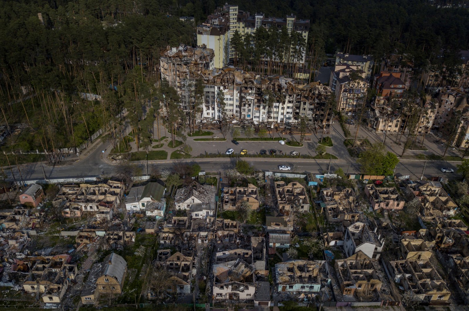 A destroyed residential area after Russian shelling, amid their invasion of Ukraine, in Irpin, Ukraine, May 7, 2022. Picture taken with a drone. (Reuters Photo)